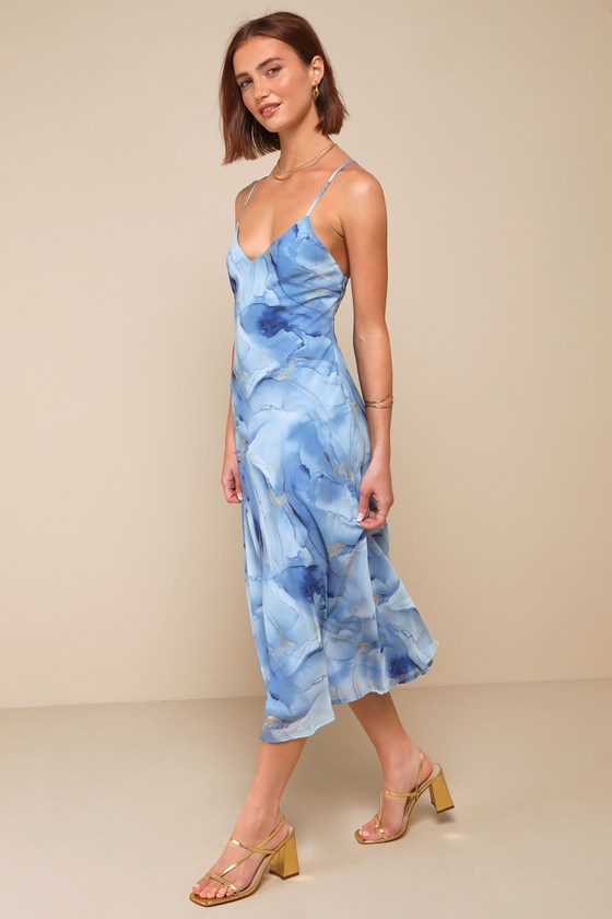 Lulus Idyllic In Ibiza Blue Abstract Print Mock Neck Halter Midi Dress In Blue