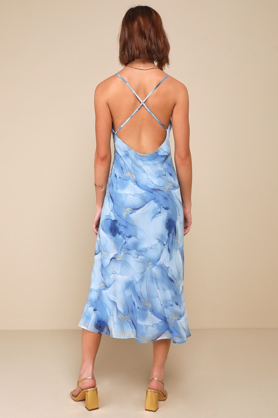 Lulus Idyllic In Ibiza Blue Abstract Print Mock Neck Halter Midi Dress In Blue