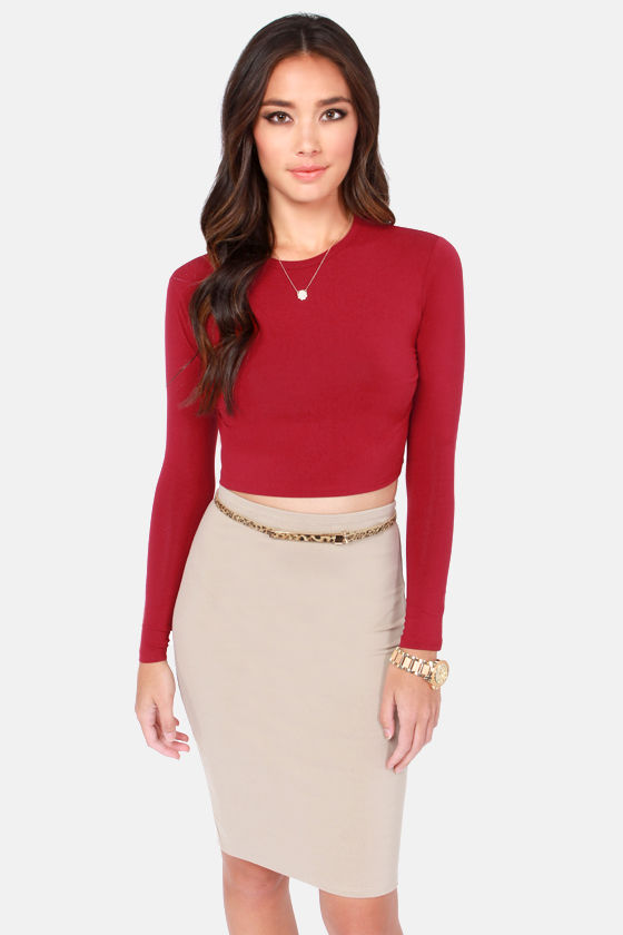 red cropped long sleeve shirt