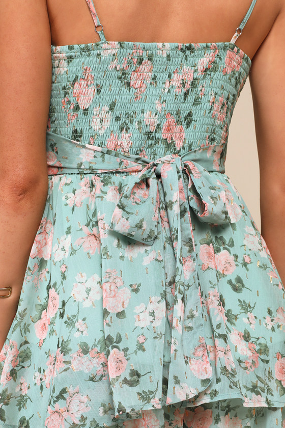 Lulus Divine Pick Green Floral Lurex Clip Dot Ruffled Skort Romper In Green