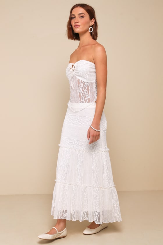 Lulus Flawless Breeze Ivory Lace Tiered Strapless Two-piece Midi Dress In Ivory
