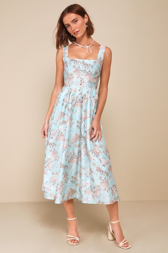 Darling Adoration Light Blue Floral Midi Dress With Pockets 3