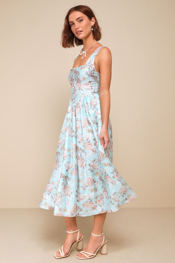 Darling Adoration Light Blue Floral Midi Dress With Pockets 2