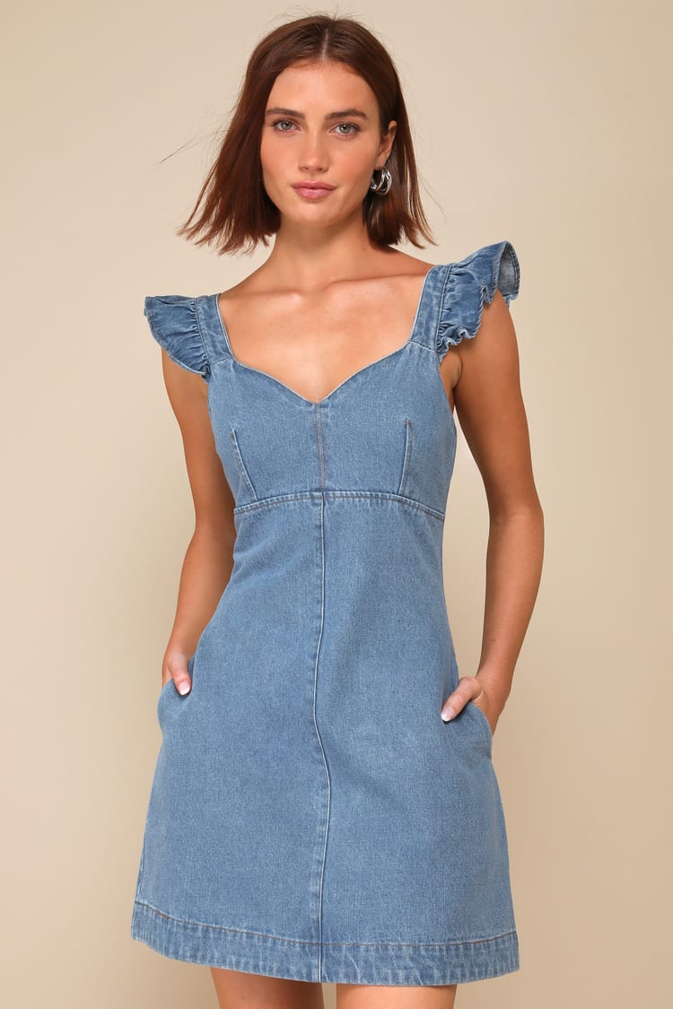 Light Wash Denim Dress - Ruffled Dress - Mini Dress With Pockets - Lulus