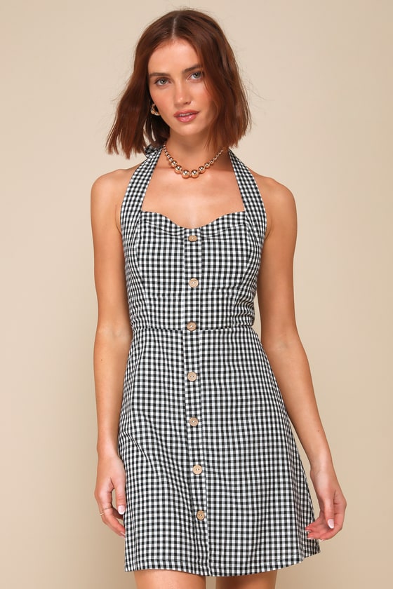 Sweetest Expression Black Gingham Backless Halter Mini Dress 3