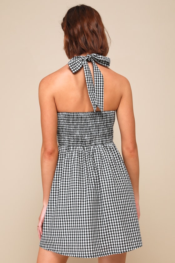 Sweetest Expression Black Gingham Backless Halter Mini Dress 4