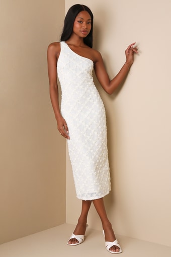 Truly Poised Ivory Textured 3D Floral One-Shoulder Midi Dress 4