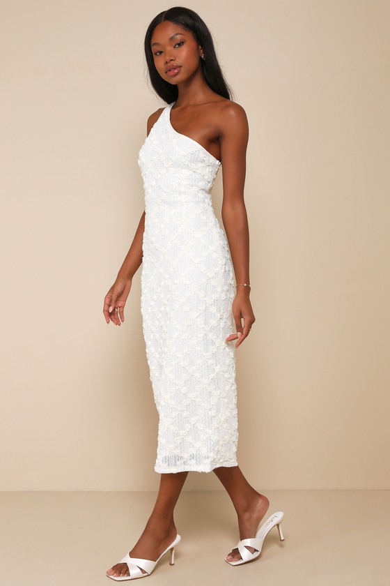 Lulus Truly Poised Ivory Textured 3d Floral One-shoulder Midi Dress In Ivory