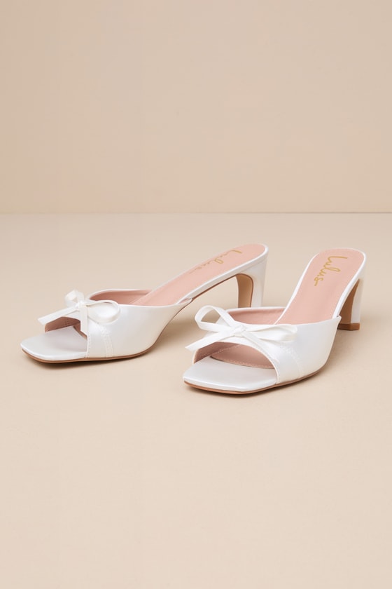Gilzean White Satin Bow High Heel Slide Sandals 1