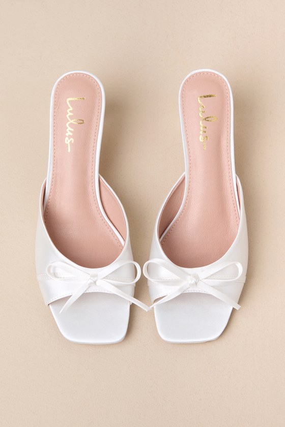 Lulus Gilzean White Satin Bow High Heel Slide Sandals In White