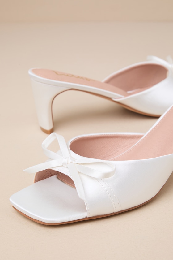 Lulus Gilzean White Satin Bow High Heel Slide Sandals In White