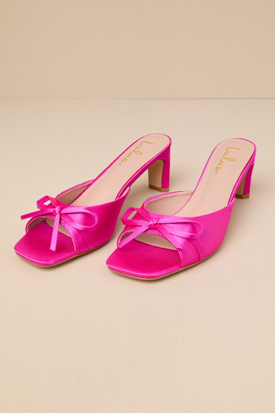 Gilzean Hot Pink Satin Bow High Heel Slide Sandals 1