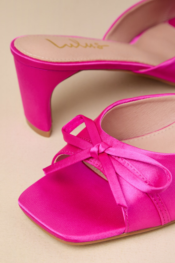 Lulus Gilzean Hot Pink Satin Bow High Heel Slide Sandals In Hot Pink