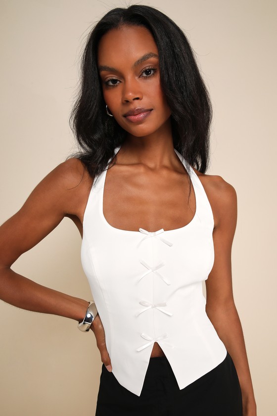 Sweetly Perfect Ivory Bow Sleeveless Halter Top 5