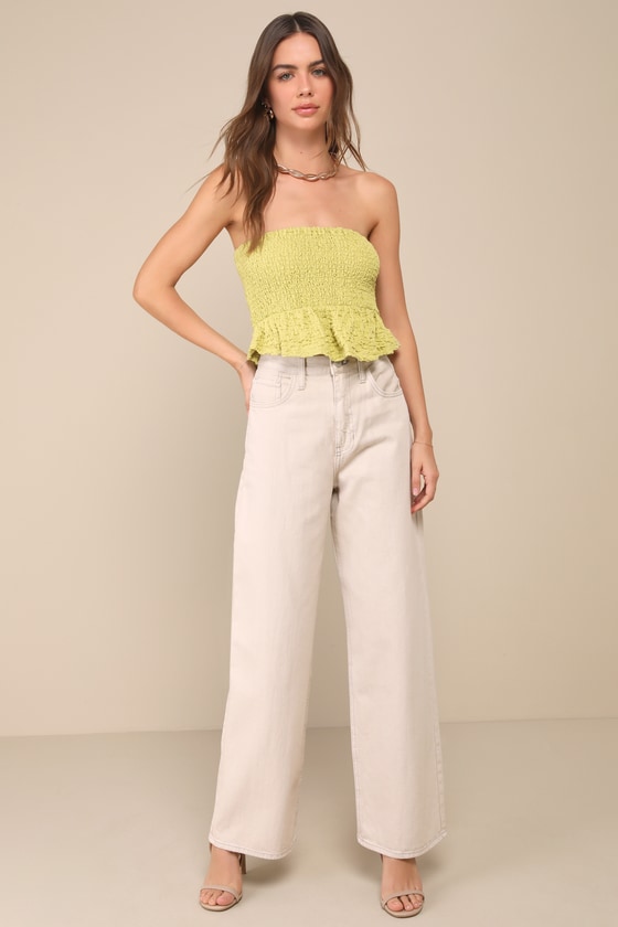 Lulus Cute Flirt Light Green Textured Smocked Strapless Top In Green