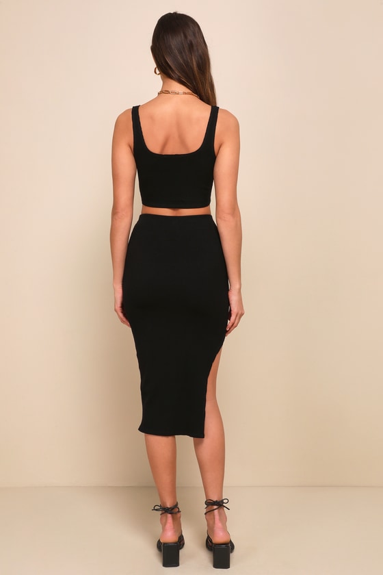 Set For Life Black Ribbed Bodycon Two-Piece Midi Dress