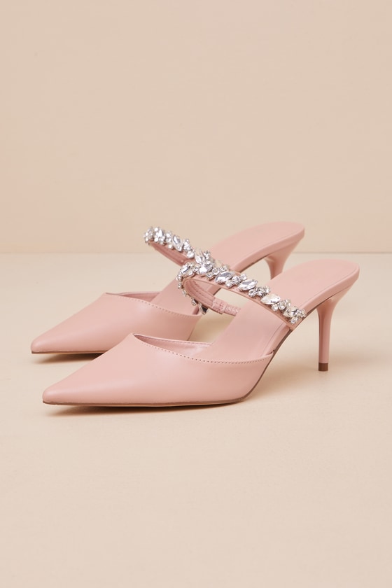 Raewyn Peach Rhinestone Pointed-Toe Mule Pumps 1
