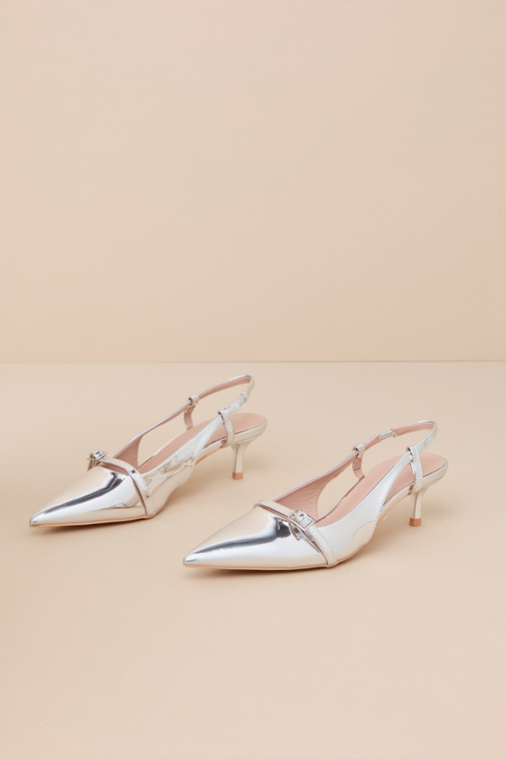 Ayane Silver Metallic Buckle Kitten Heel Slingback Pumps 2