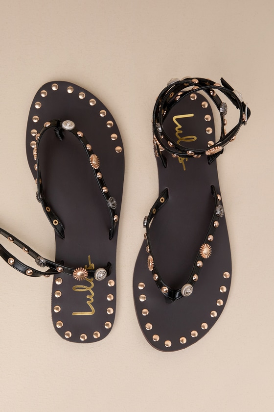 Brydone Black Studded Ankle Strap Flat Thong Sandals 3
