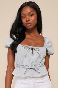 Unique Arrival Light Wash Denim Puff Sleeve Tie-Front Top 2