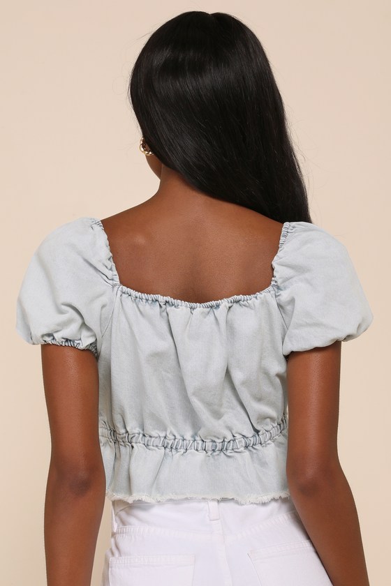 Unique Arrival Light Wash Denim Puff Sleeve Tie-Front Top 3