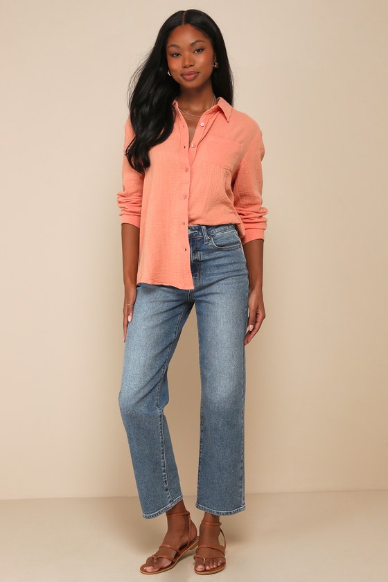 Leni Coral Pink Textured Button-Up Long Sleeve Top 4