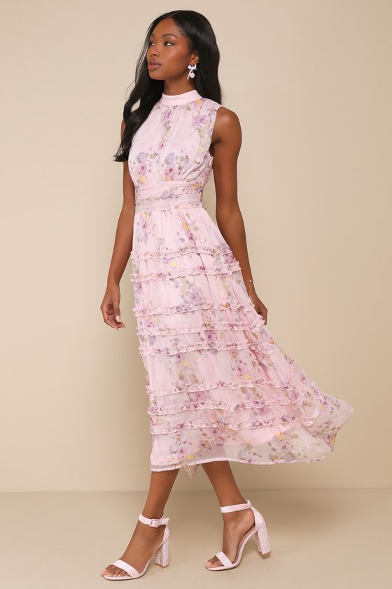 Lulus Happily Sweet Light Pink Floral Mock Neck Backless Midi Dress In Light Pink