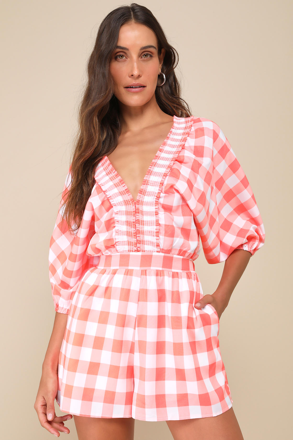 Cutest Viewpoint Neon Orange Gingham Dolman Sleeve V-Neck Romper