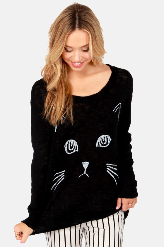 Reverse Sweater Black Sweater Cat Sweater 57.00 Lulus