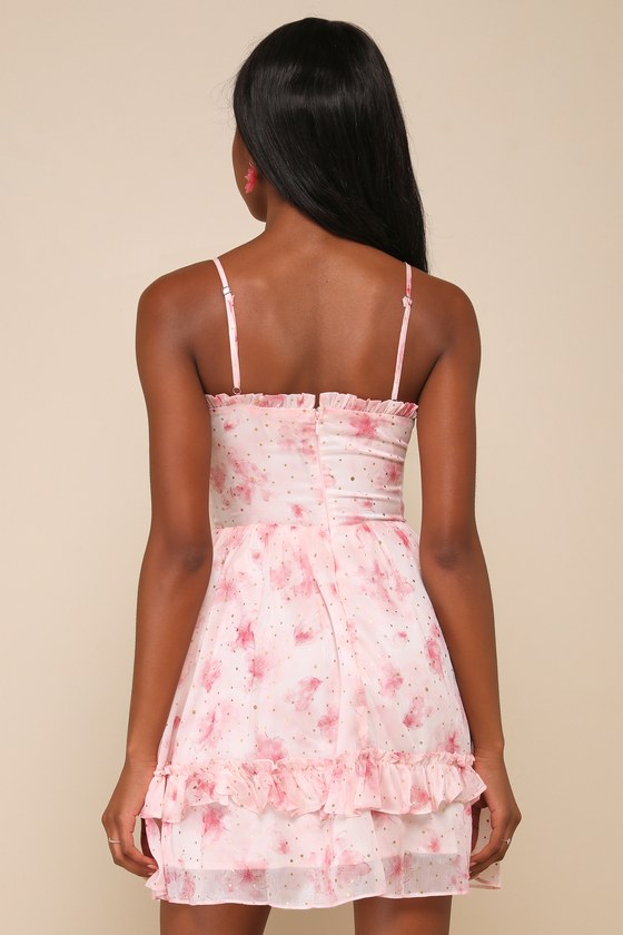 Light Pink Floral Dress - Ruffled Mini Dress - Skater Mini Dress - Lulus