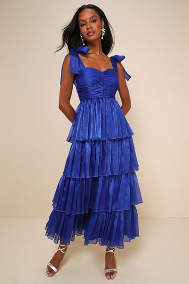 Shiny Blue Organza Dress Tiered Maxi Dress Tie-Strap Dress Lulus