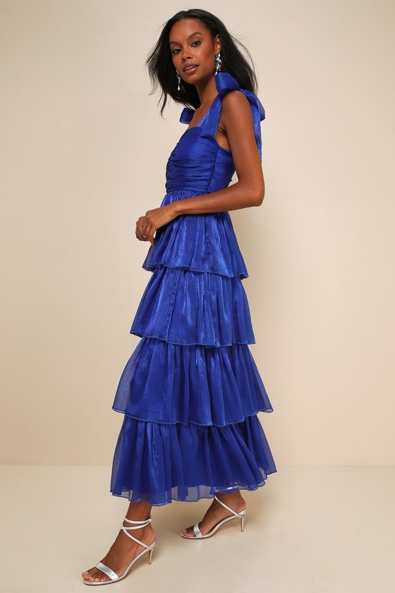 Lulus Radiant Arrival Shiny Blue Organza Tiered Tie-strap Maxi Dress In Blue