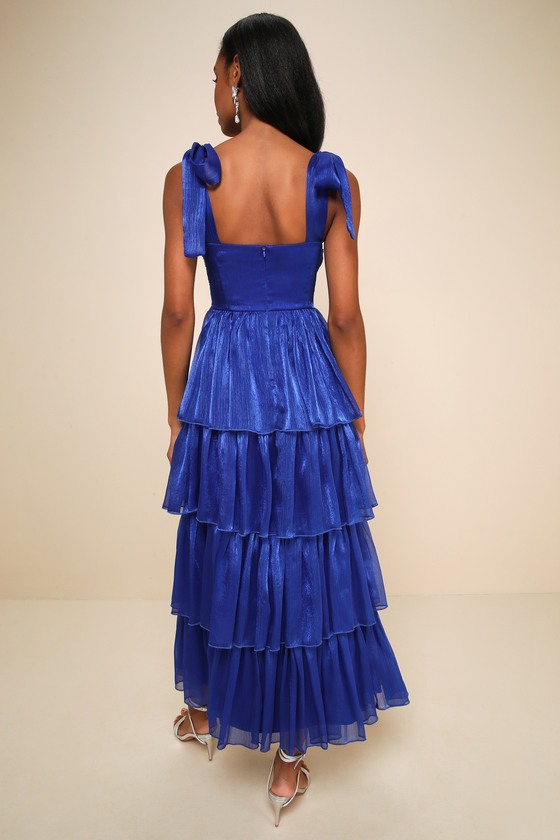Lulus Radiant Arrival Shiny Blue Organza Tiered Tie-strap Maxi Dress In Blue