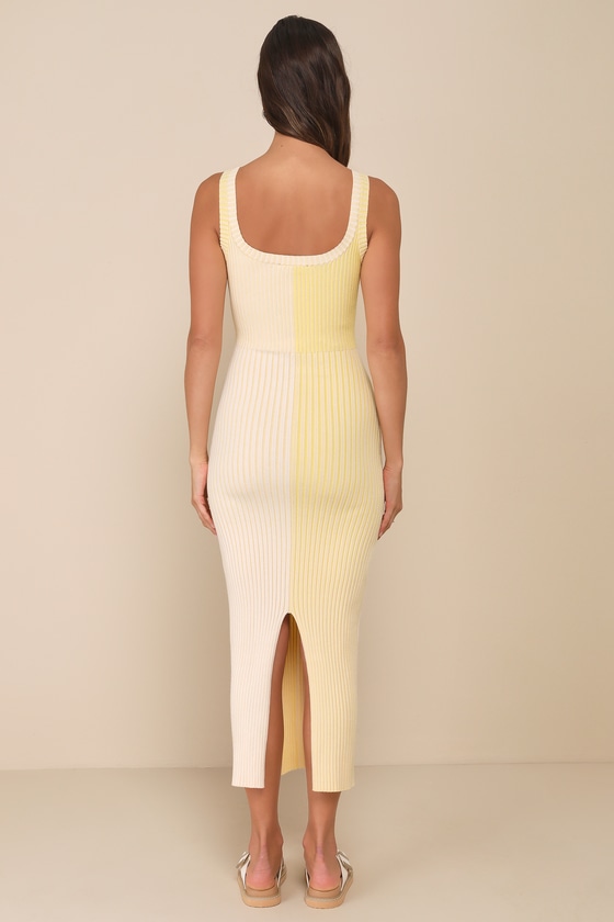 Lulus Radiant Personality Yellow Color Block Ribbed Knit Midi Dress In Yellow