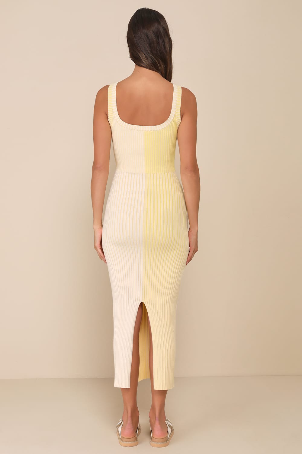 Radiant Personality Yellow Color Block Ribbed Knit Midi Dress