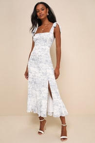 Summer Invite White and Blue Toile Tie-Strap Tiered Midi Dress