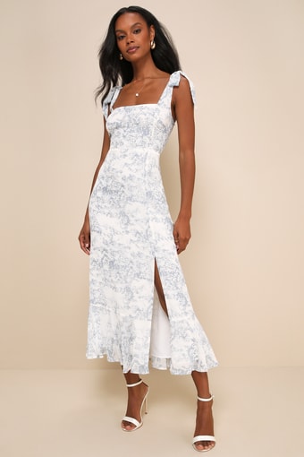 Summer Invite White and Blue Toile Tie-Strap Tiered Midi Dress 2