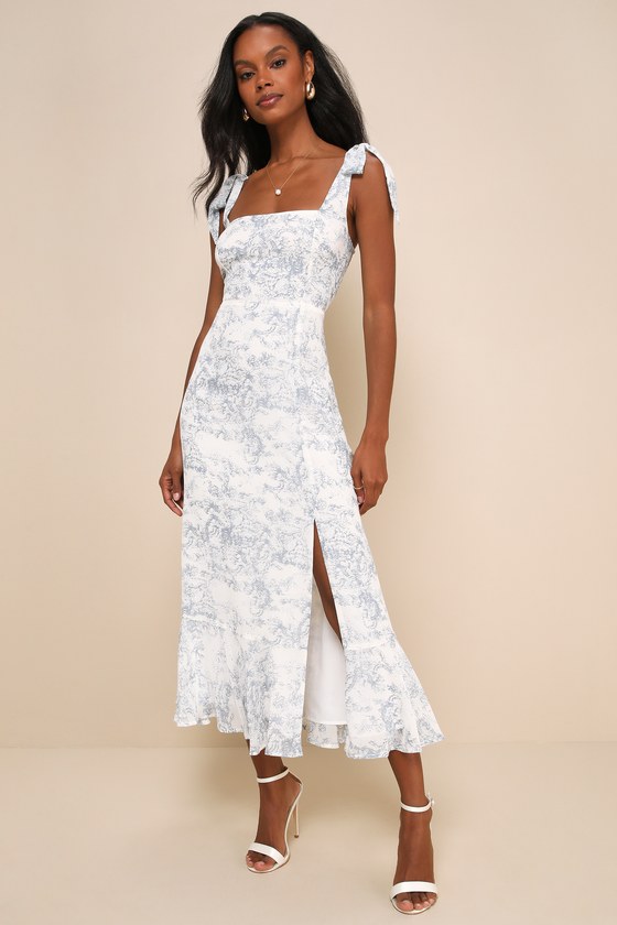 Summer Invite White and Blue Toile Tie-Strap Tiered Midi Dress 2
