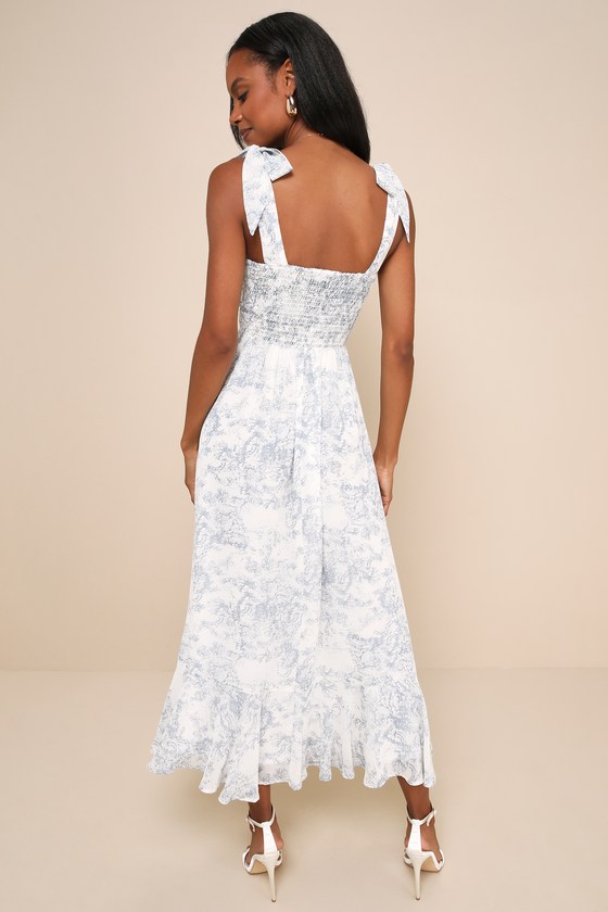 Lulus Summer Invite White And Blue Toile Tie-strap Tiered Midi Dress In White And Blue