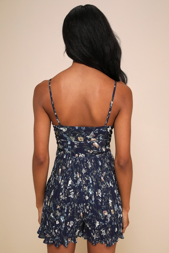LULUS EXCEPTIONALLY DELIGHTFUL NAVY FLORAL PLISSE BUSTIER ROMPER