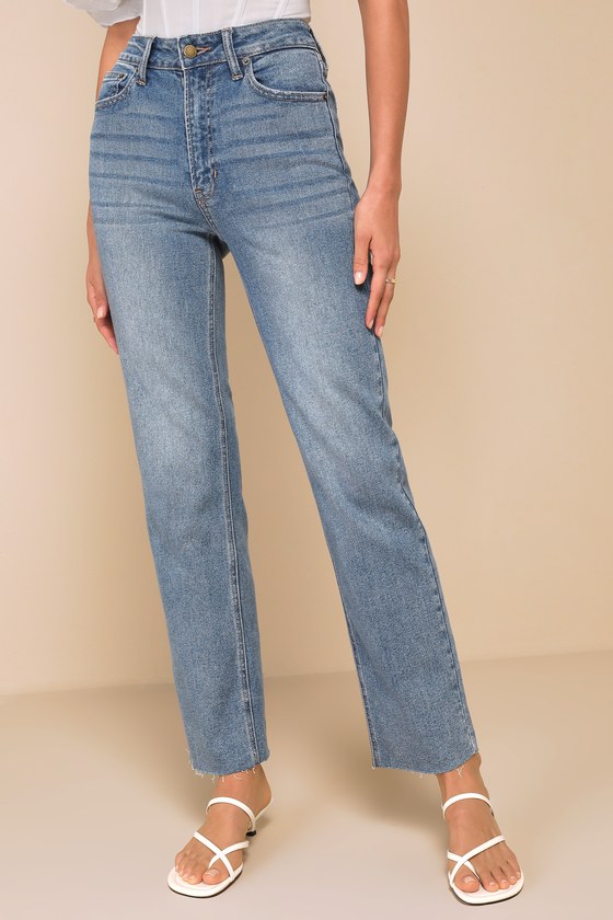 Enviable Aura Medium Wash High-Rise Raw Hem Straight Leg Jeans 2