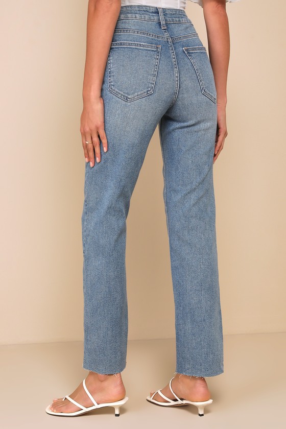 Lulus Enviable Aura Medium Wash High-rise Raw Hem Straight Leg Jeans In Blue
