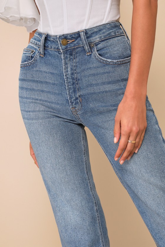 Lulus Enviable Aura Medium Wash High-rise Raw Hem Straight Leg Jeans In Blue