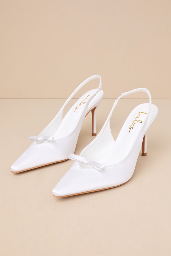 Alaster White Satin Bow Pointed-Toe Slingback Pumps 2