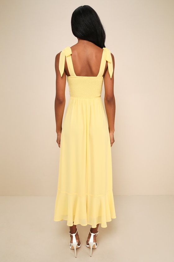Shop Lulus Summer Invite Yellow Tie-strap Tiered Midi Dress
