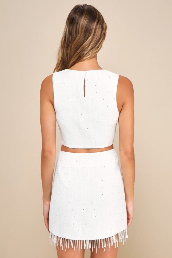 Lulus Voguish Ways White Tweed Pearl Fringe Mini Skirt In White