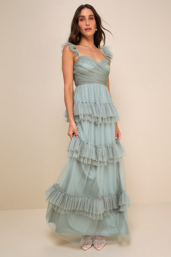 Pure Radiance Sage Brush Mesh Swiss Dot Tiered Maxi Dress 4