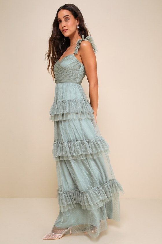 Lulus Pure Radiance Sage Brush Mesh Swiss Dot Tiered Maxi Dress In Green
