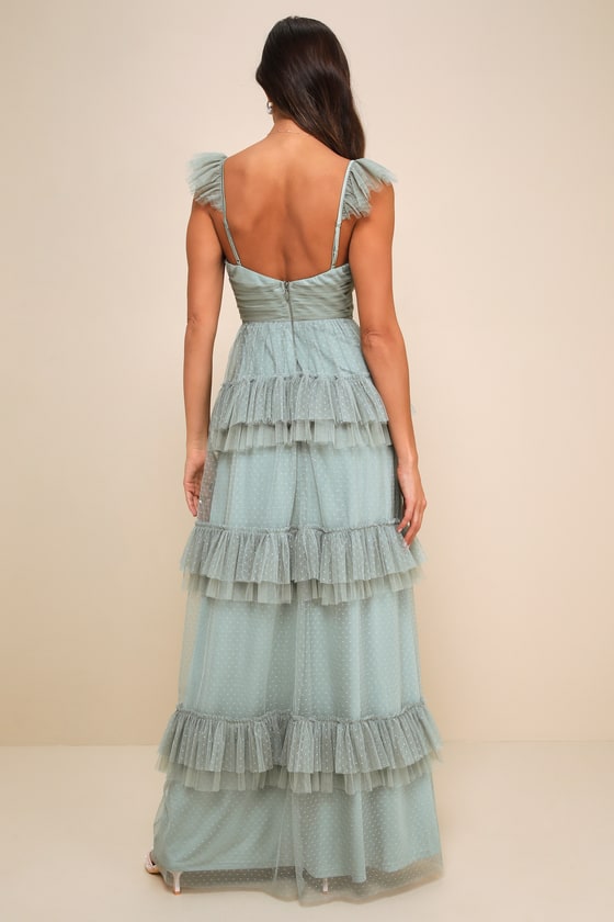 Lulus Pure Radiance Sage Brush Mesh Swiss Dot Tiered Maxi Dress In Green