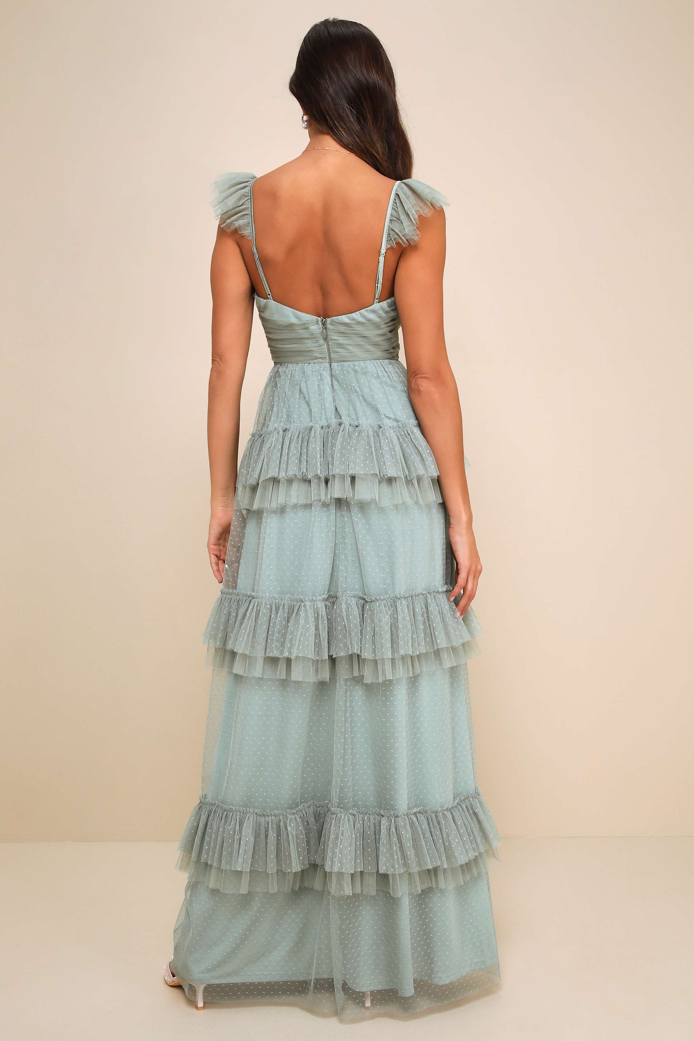 Pure Radiance Sage Brush Mesh Swiss Dot Tiered Maxi Dress